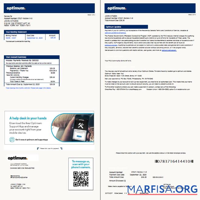 Downloadable USA Optimum utility bill template in Word and PDF formats, 4 pages, version 2, 1 2 pages